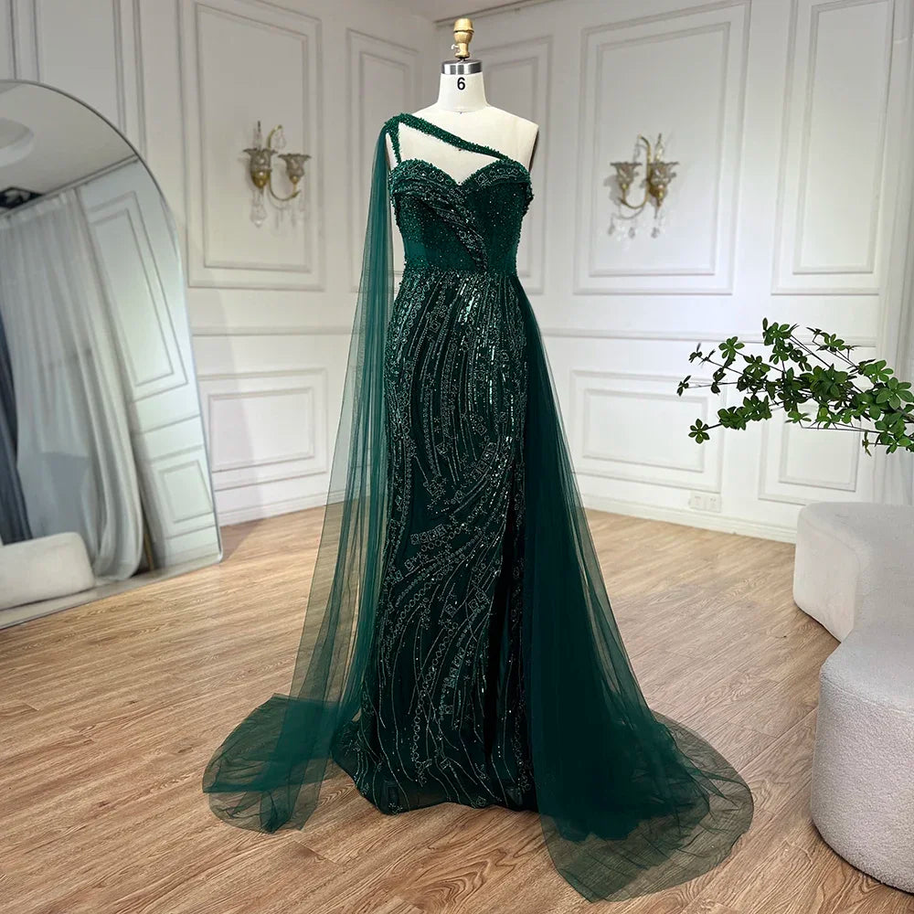 Luxury Green One Shoulder Mermaid Evening Dress with Cape LA72472