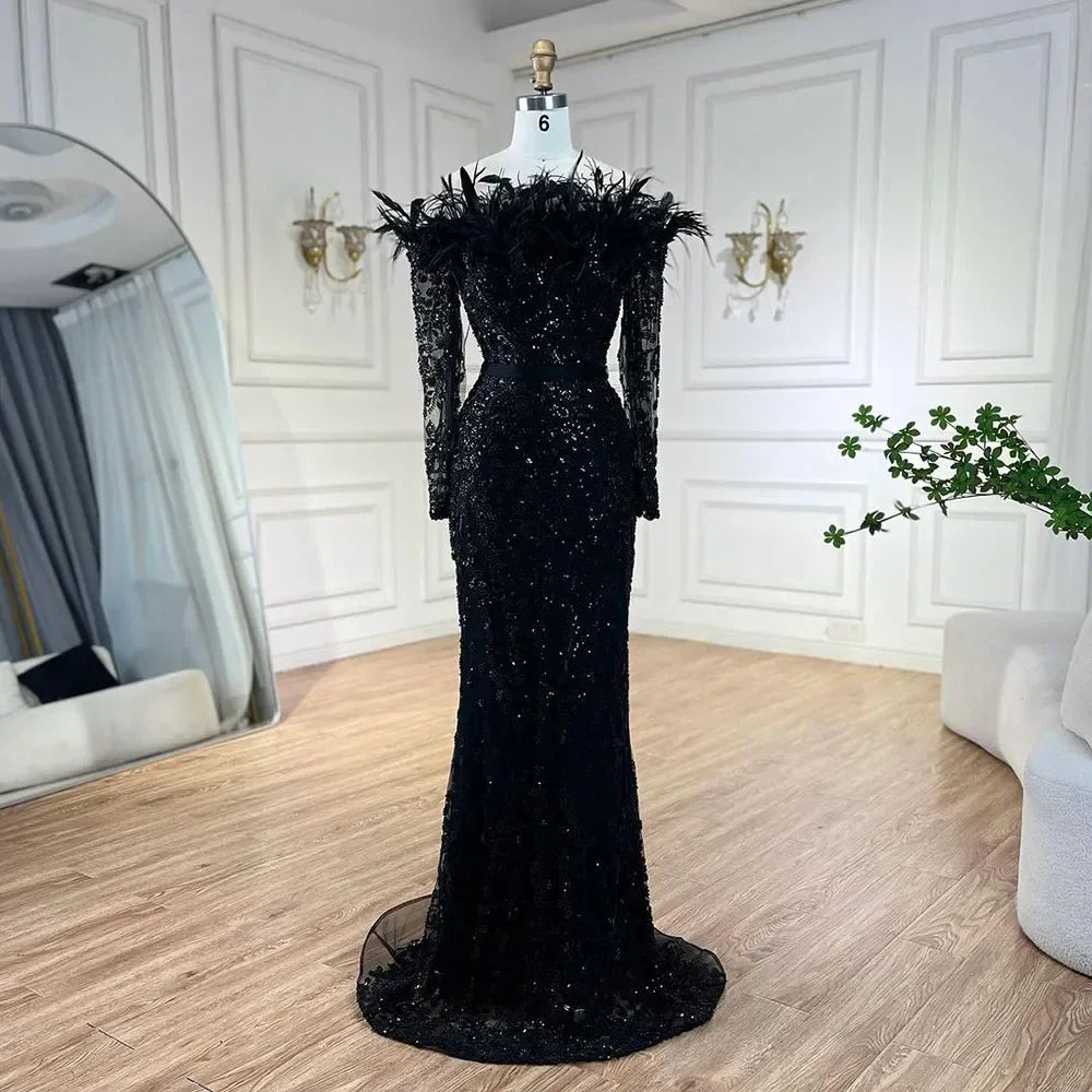 Luxuriöses Dubai-Grünes Abendkleid mit langen Ärmeln, Federn und Perlenbesatz LA72553