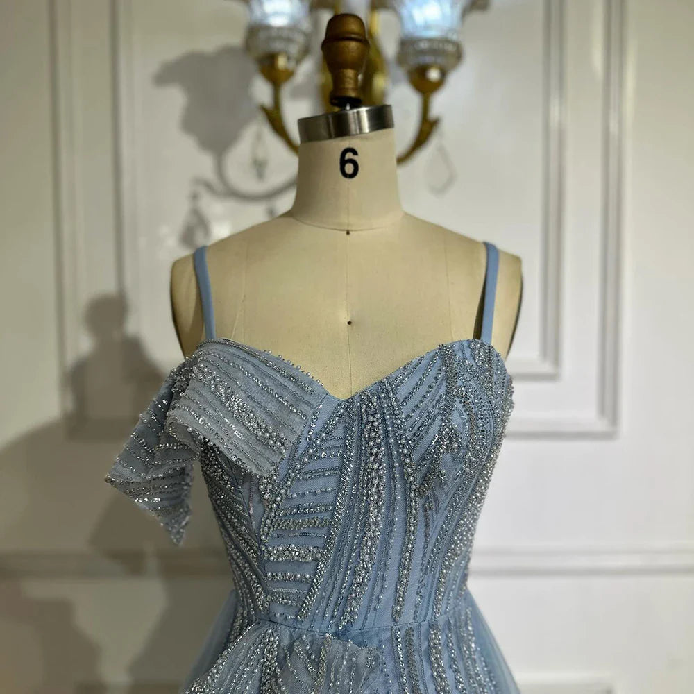 Abito da sera sirena di lusso Dubai con gonna  Cinturini a spaghetti perline azzurro chiaro per occasioni formali  LA72341A