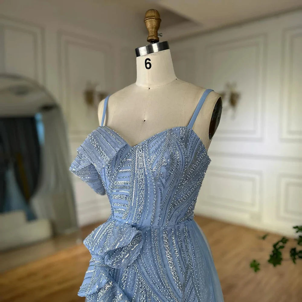 Abito da sera sirena di lusso Dubai con gonna  Cinturini a spaghetti perline azzurro chiaro per occasioni formali  LA72341A