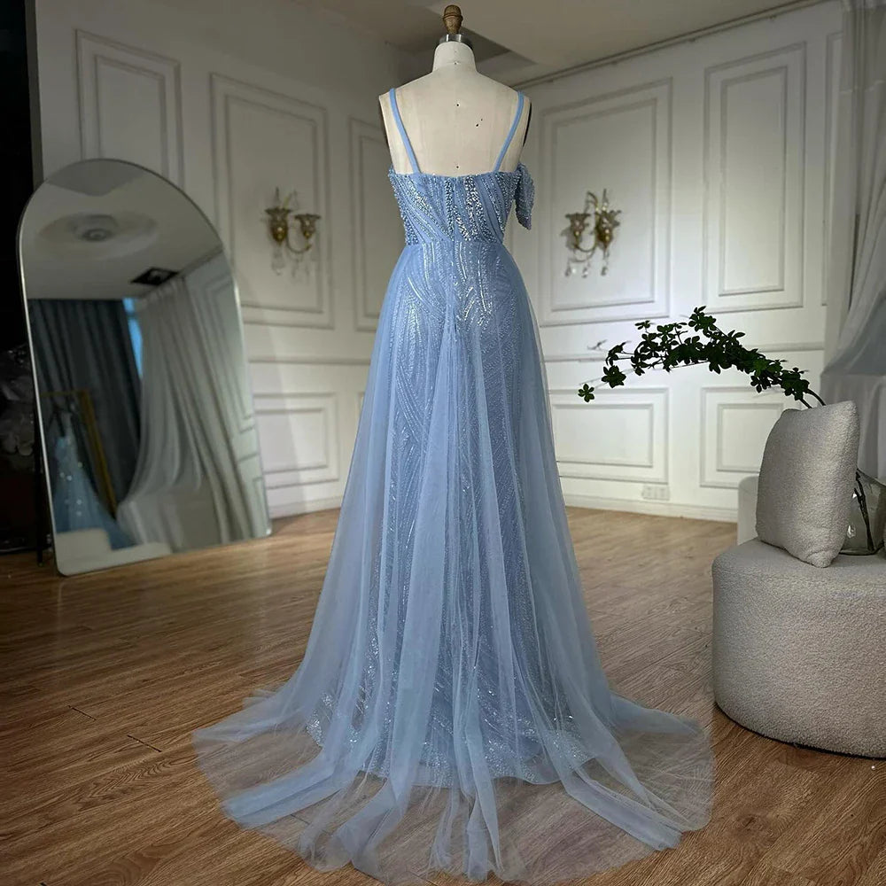 Abito da sera sirena di lusso Dubai con gonna  Cinturini a spaghetti perline azzurro chiaro per occasioni formali  LA72341A
