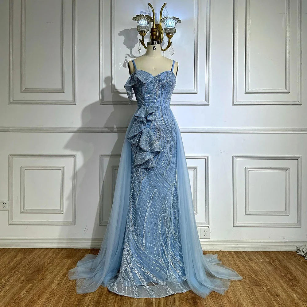 Robe de soirée sirène de luxe Dubaï avec jupe  Bleu clair à bretelles spaghetti perlées pour occasion formelle  LA72341A