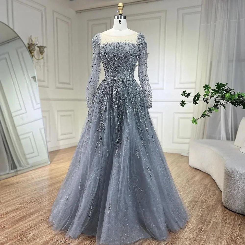 Vestidos Longos de Noite Luxuosos Serene Hill Muçulmano Rosa em Linha A com Contas Dubai para Mulher Festa de Casamento