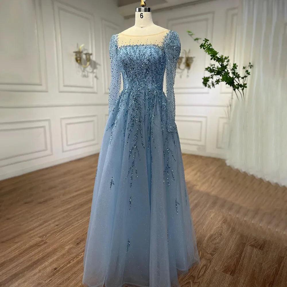 Vestidos Longos de Noite Luxuosos Serene Hill Muçulmano Rosa em Linha A com Contas Dubai para Mulher Festa de Casamento