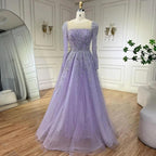 Vestidos Longos de Noite Luxuosos Serene Hill Muçulmano Rosa em Linha A com Contas Dubai para Mulher Festa de Casamento