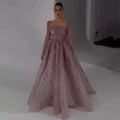 Vestidos Longos de Noite Luxuosos Serene Hill Muçulmano Rosa em Linha A com Contas Dubai para Mulher Festa de Casamento