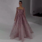 Vestidos Longos de Noite Luxuosos Serene Hill Muçulmano Rosa em Linha A com Contas Dubai para Mulher Festa de Casamento