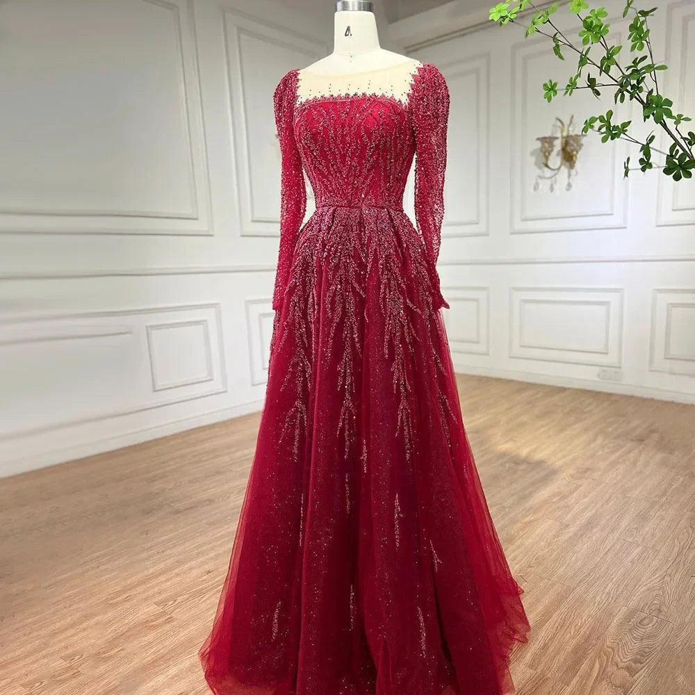 Vestidos Longos de Noite Luxuosos Serene Hill Muçulmano Rosa em Linha A com Contas Dubai para Mulher Festa de Casamento