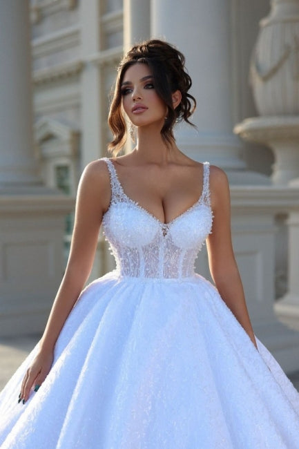 Vestido de novia sexy con tirantes hasta el suelo, sin mangas, escote en V y cuentas, con encaje