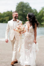 Robes de mariée longues sirène sexy à col en V sans manches avec dentelle