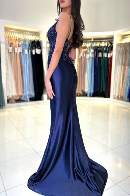 Robe de bal longue bleu marine sexy en dentelle, coupe sirène, col en V, bretelles fines, avec fente