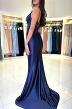 Robe de bal longue bleu marine sexy en dentelle, coupe sirène, col en V, bretelles fines, avec fente