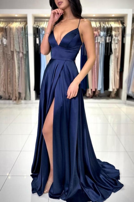 Vestidos de fiesta sexys, largos y sencillos, con tirantes finos en azul marino y abertura