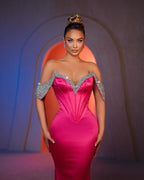 Robe de bal en satin à paillettes, bustier décolleté épaules nues, sirène séduisante sans manches