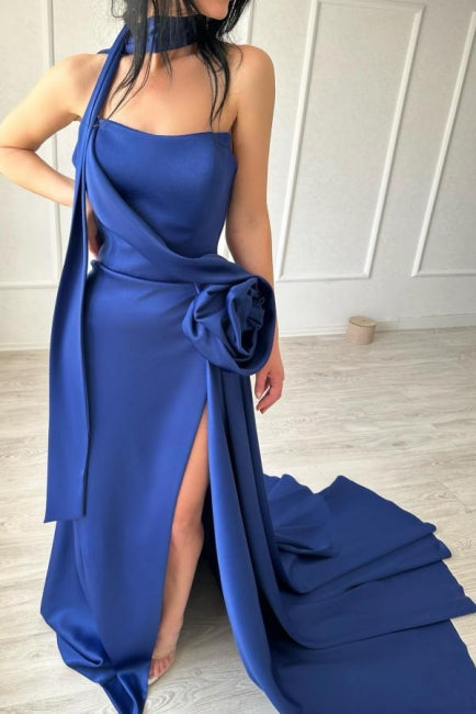 Abito da sera lungo semplice e seducente in raso blu reale senza spalline con spacco