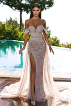 Robe de bal longue sexy à épaules dénudées, sans manches, ornée de perles, coupe sirène avec fente