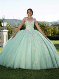 Äthergrünes Minzherz Quinceañera-Kleid Zartes Pastellblumen-Applikation Schimmerndes Ballkleid Vestidos De 15 Quinceañera