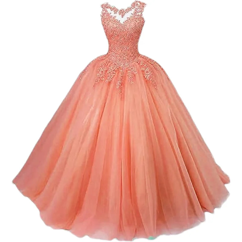 Customized Women's Beaded Lace Appliques Prom Dress Long Ball Gown Quinceanera Dresses Tulle Formal Sweet 16 Dress for T