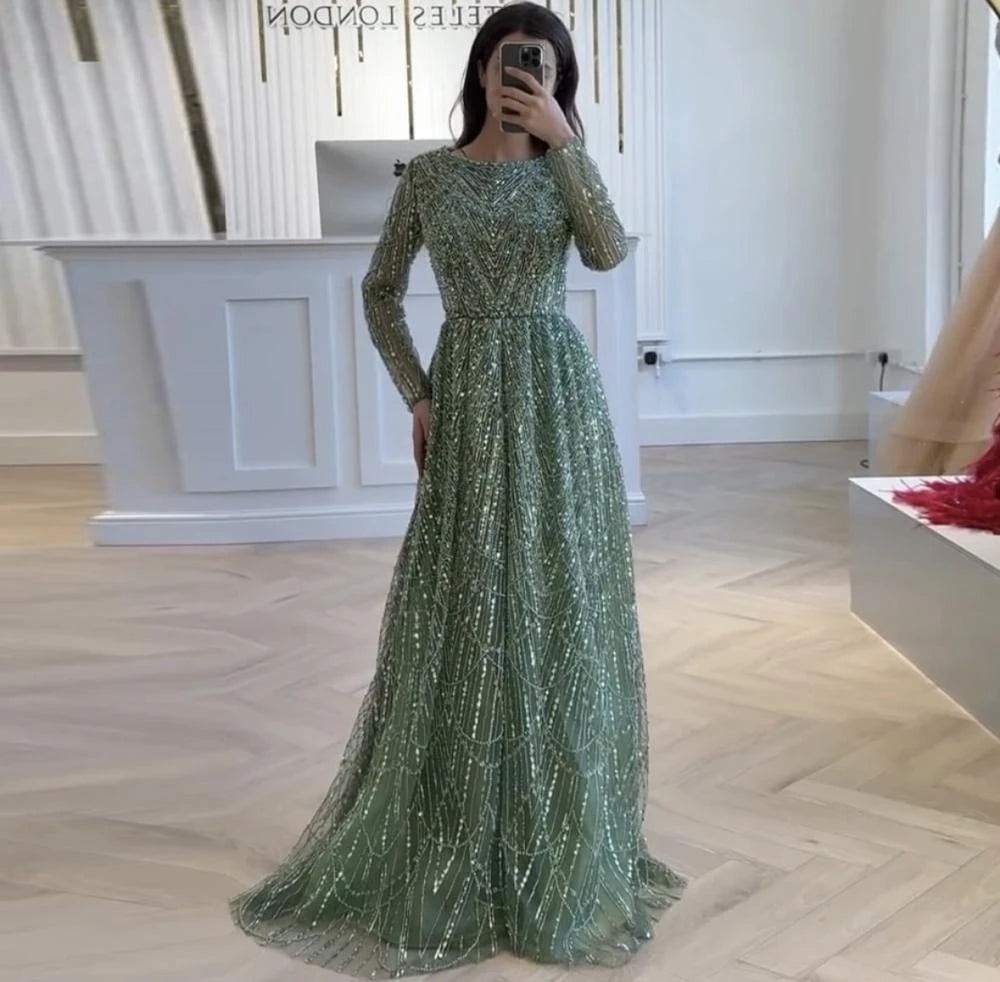 Contessa Custom formal gown elegant beaded tulle evening dress long sleeve boat neck floor length A line glam sparkly pr
