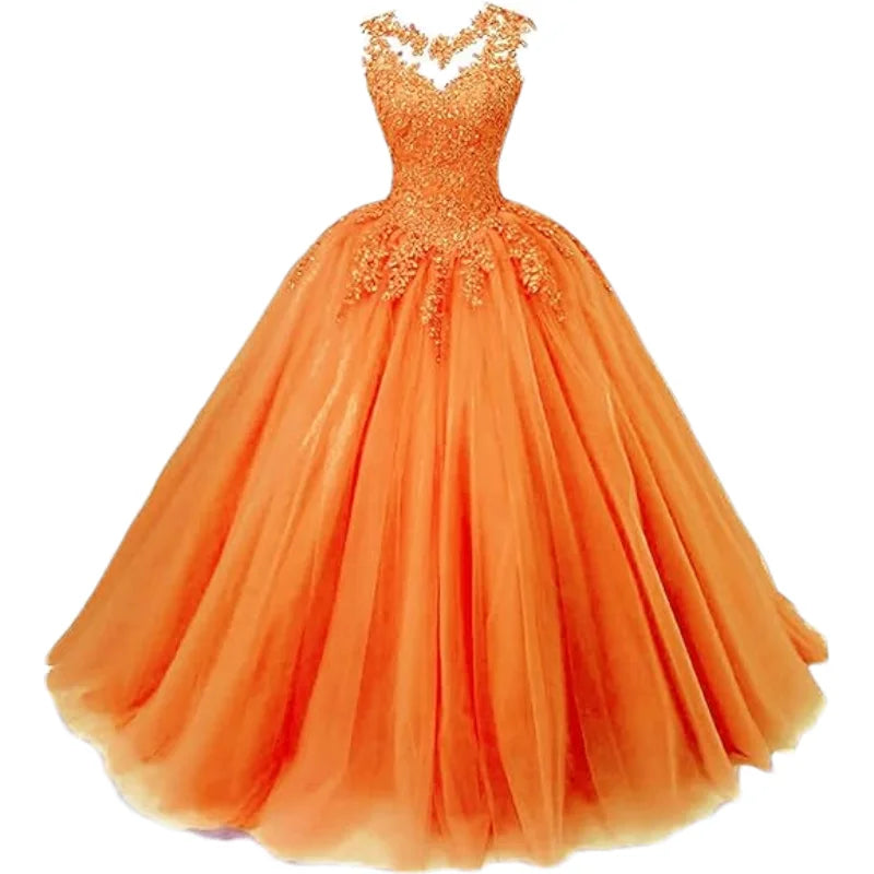 Customized Women's Beaded Lace Appliques Prom Dress Long Ball Gown Quinceanera Dresses Tulle Formal Sweet 16 Dress for T