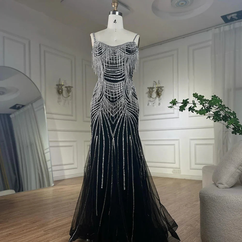Luxury Nude Pink Crystal Tassel Mermaid Evening Dress LA72772