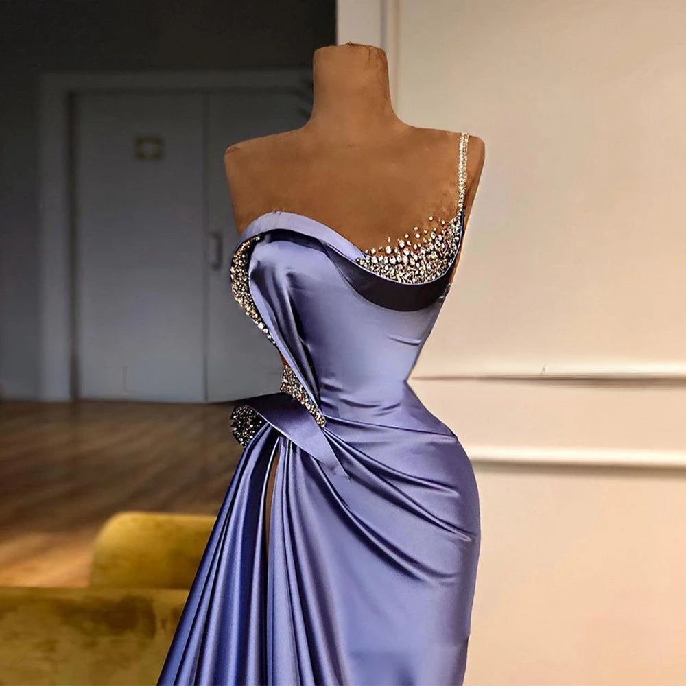 Lilac Evening Dress 2022 Beading One Shoulder Stones Ruched Sweep Train Robe De Soiree Women Pageant Party Gowns