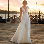 Einfaches großzügiges A-Linien Chiffon Damen Hochzeitskleid V-Ausschnitt Ärmellos Spitzenapplikationen Brautkleid Maßgeschneiderte Brautkleider Hochzeit