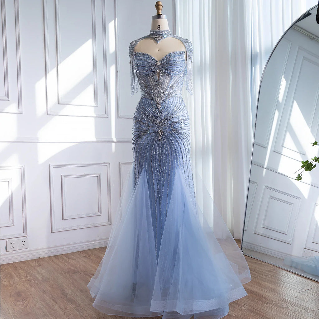 Abito da sera di lusso di Dubai con perline blu e rosa e mantellina con nappe LA72897B