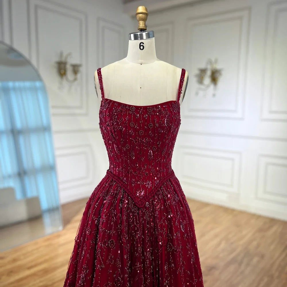 Vestido de noche lujoso verde salvia con cuentas, corte en línea A y tirantes finos LA72805