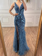 Abito da sera sirena con piume e perline blu lusso LA73369