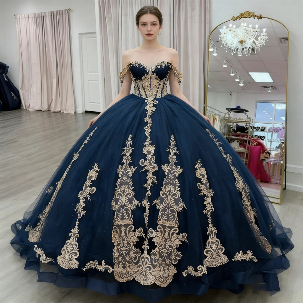 Luxo azul marinho boné manga ouro apliques vestido de baile trem varredura vestido de festa de aniversário feminino baile de formatura 15 16 quinceanera personalizado