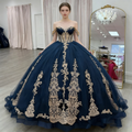 Luxo azul marinho boné manga ouro apliques vestido de baile trem varredura vestido de festa de aniversário feminino baile de formatura 15 16 quinceanera personalizado