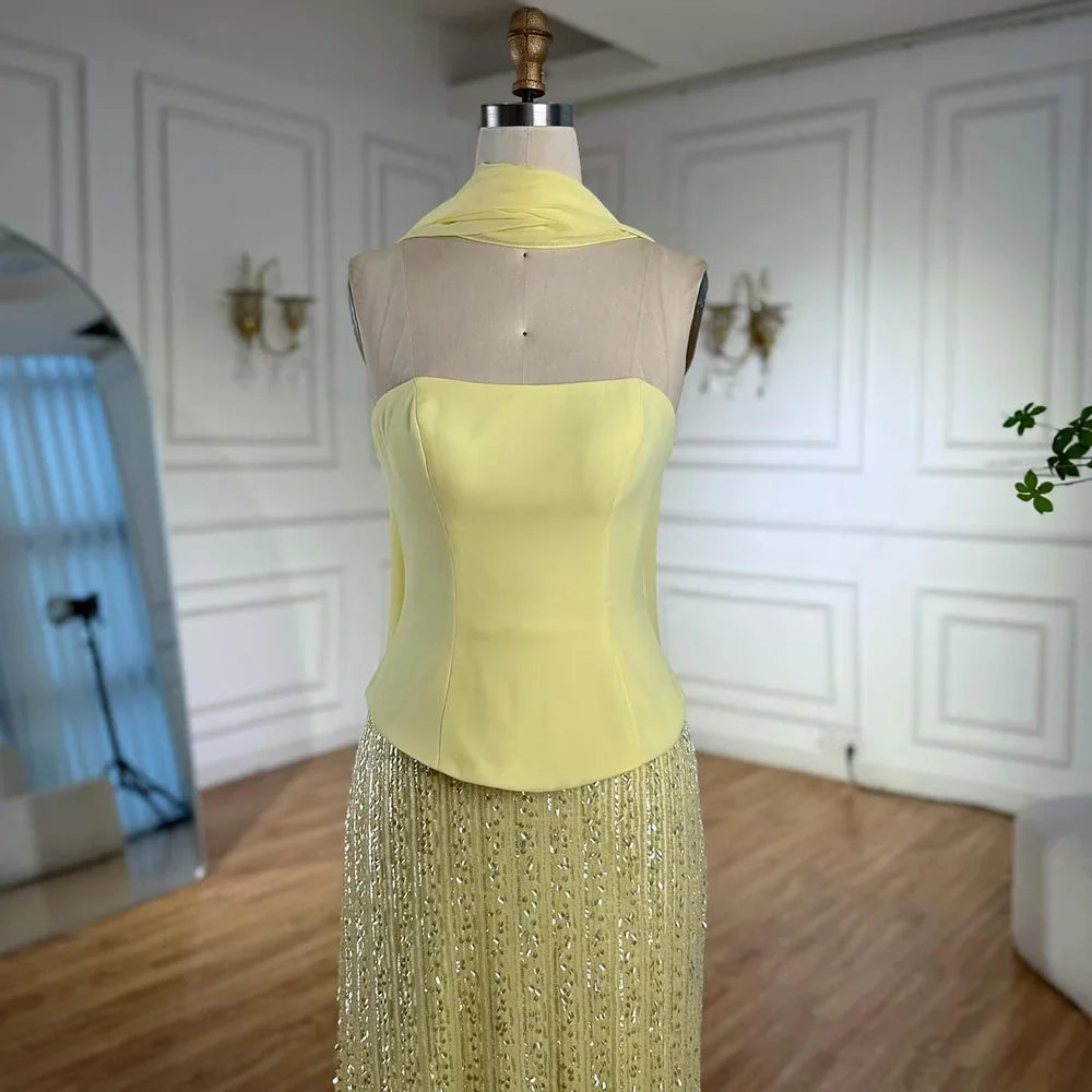 Abito da sera sirena in chiffon giallo lusso con mantella LA73007