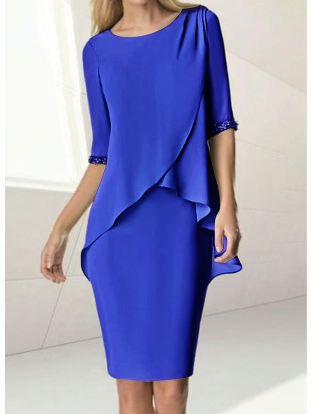 Knee Length Beaded Sheath Dress With Ruching For The Mother Of The Bride