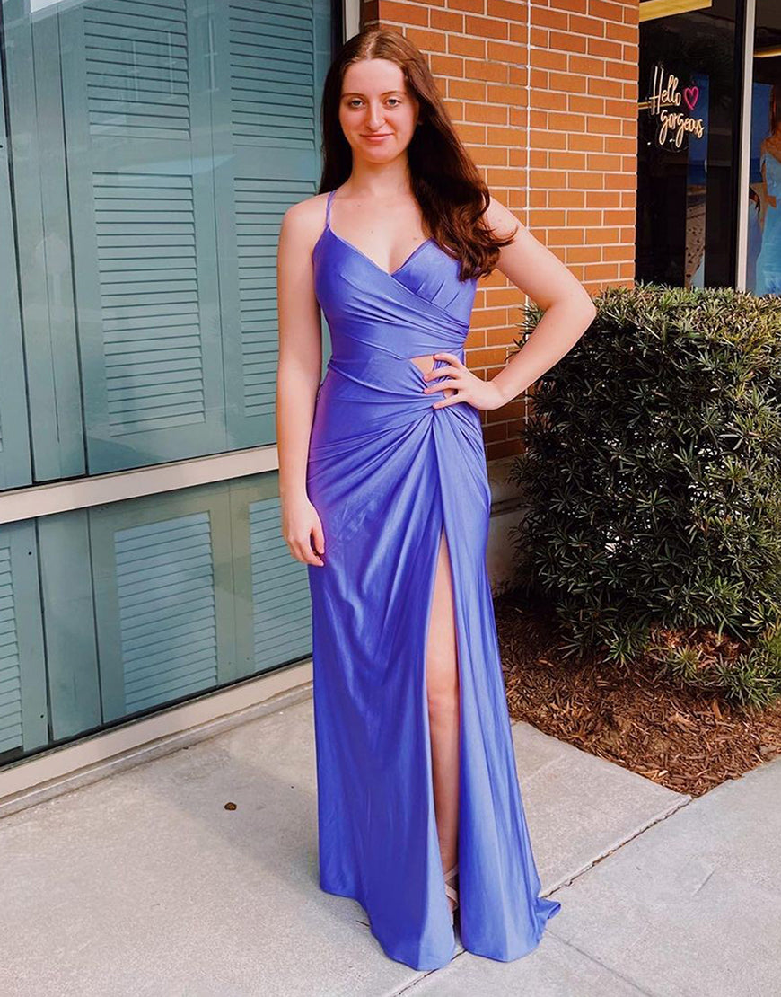 Vestido de Baile com Alças Finas, Corpete nas Costas e Fenda
