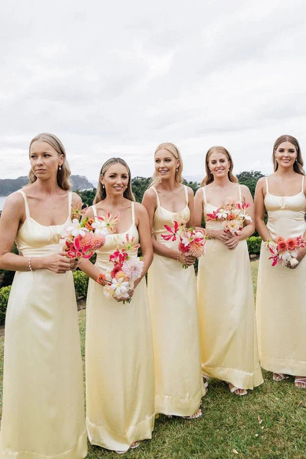 Vestido de Dama de Honra Amarelo Longo com Alças Finas BD132