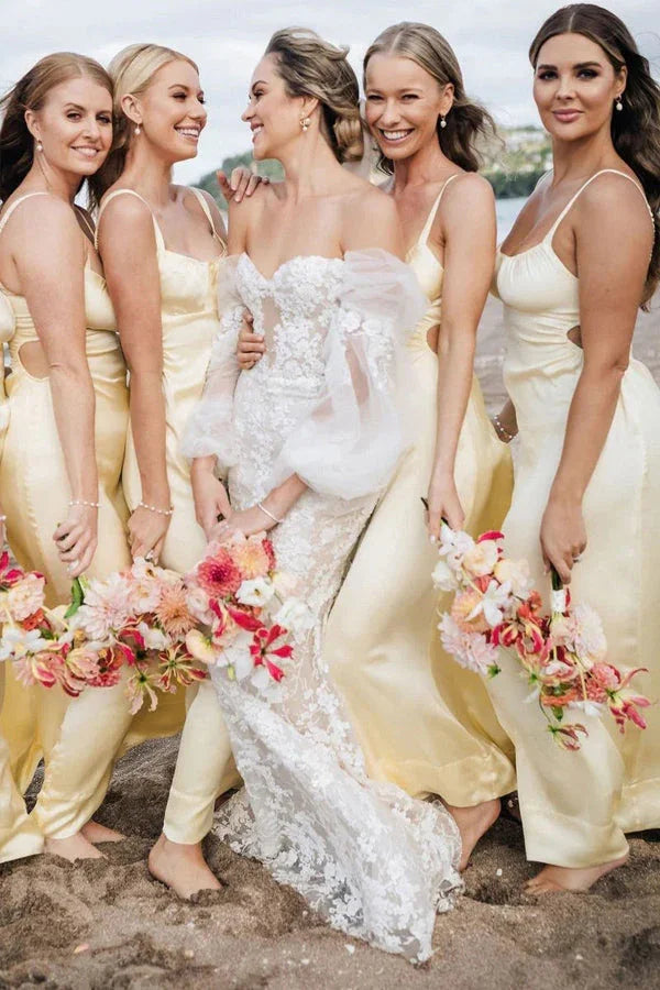 Vestido de Dama de Honra Amarelo Longo com Alças Finas BD132