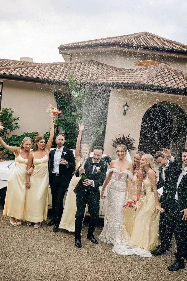 Vestido de Dama de Honra Amarelo Longo com Alças Finas BD132