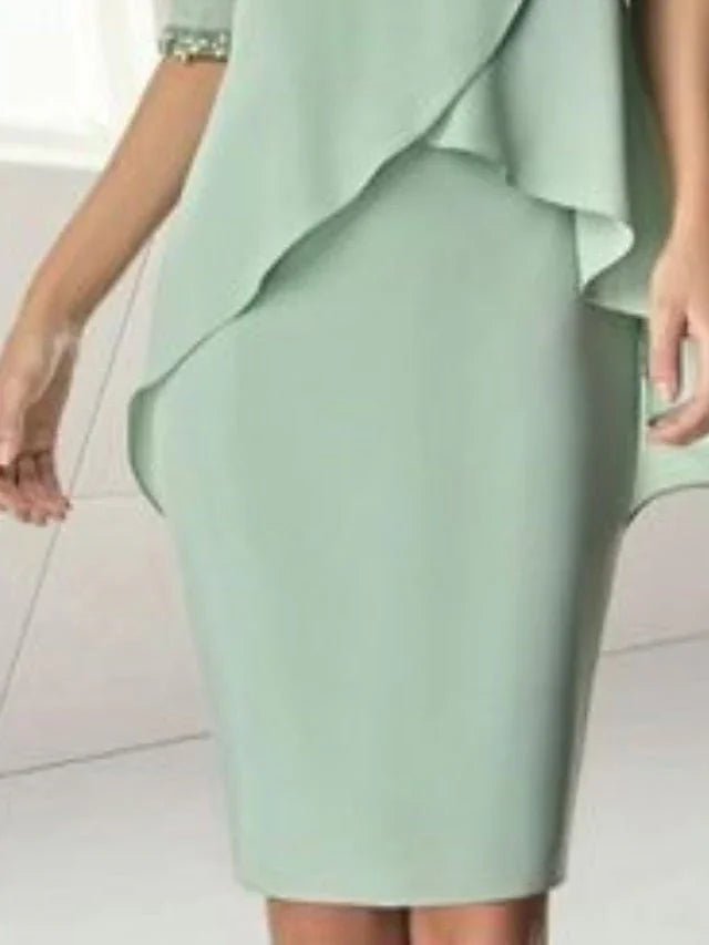Scheide/Säulenförmiges Kleid mit Juwelenhals, knielang, halblange Ärmel, Brautmutterkleid mit Perlenstickerei und Raffungen