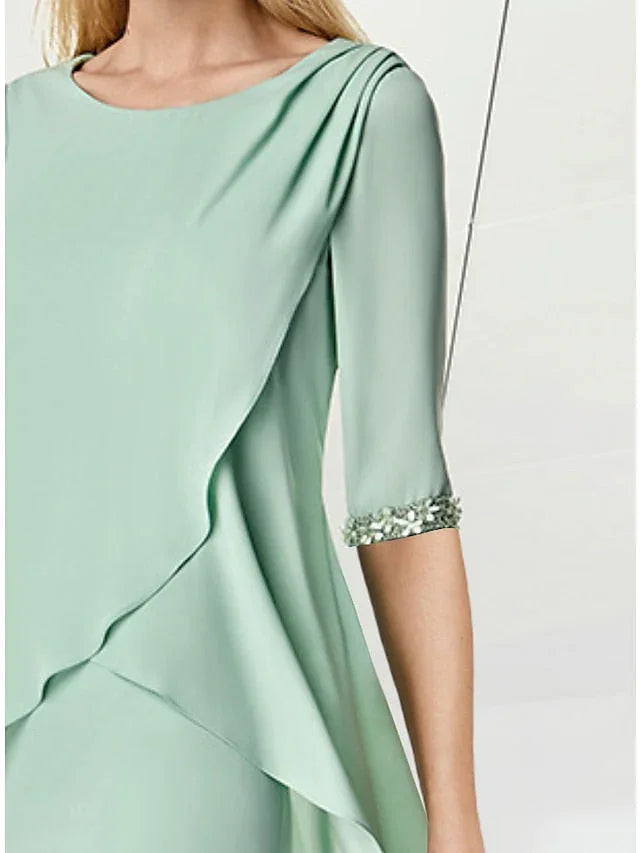 Scheide/Säulenförmiges Kleid mit Juwelenhals, knielang, halblange Ärmel, Brautmutterkleid mit Perlenstickerei und Raffungen