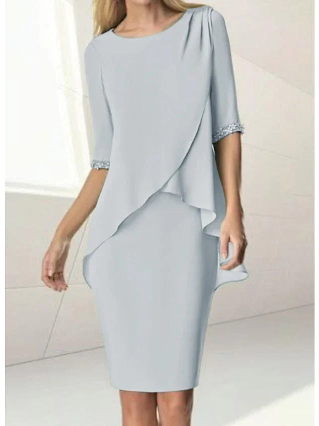 Scheide/Säulenförmiges Kleid mit Juwelenhals, knielang, halblange Ärmel, Brautmutterkleid mit Perlenstickerei und Raffungen