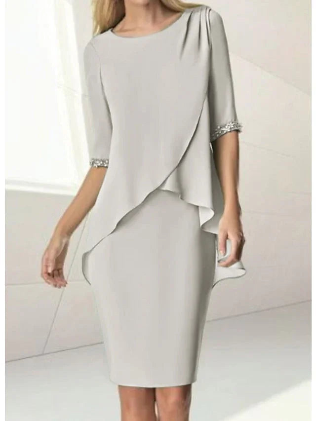 Scheide/Säulenförmiges Kleid mit Juwelenhals, knielang, halblange Ärmel, Brautmutterkleid mit Perlenstickerei und Raffungen