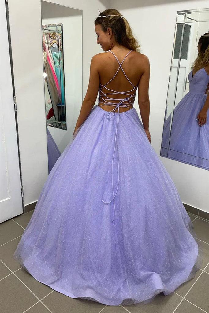 Vestido Formal de Baile em Tule com Decote em V, Corte em A, Cor Lavanda Brilhante, com Bolso