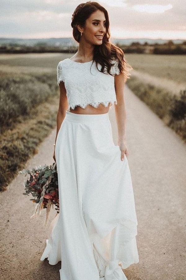 Vestidos de novia de dos piezas con mangas cortas y encaje