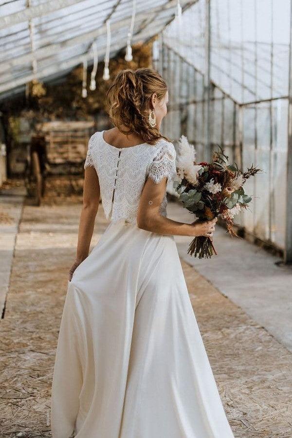 Vestidos de novia de dos piezas con mangas cortas y encaje