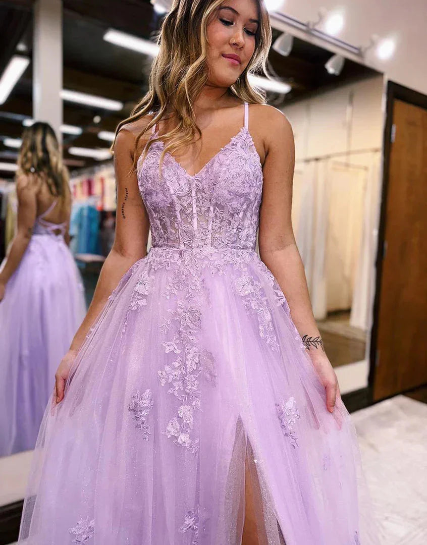 Vestidos de fiesta de encaje con tirantes finos de tul y abertura lateral SYP158