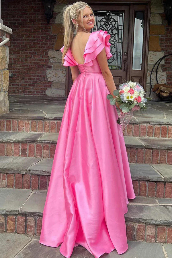 Vestidos de Baile Formais Rosa-Choque com Folhos e Decote em V de Cetim Sedoso