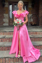 Vestidos de Baile Formais Rosa-Choque com Folhos e Decote em V de Cetim Sedoso