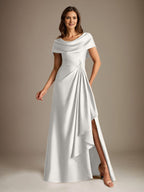 A-Line Scoop Floor-Length Stretch Satin Mother of the Bride Dress With Cascading Ruffles