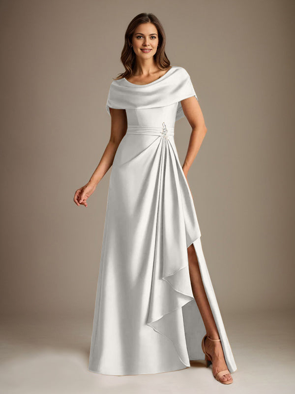 A-Line Scoop Floor-Length Stretch Satin Mother of the Bride Dress With Cascading Ruffles